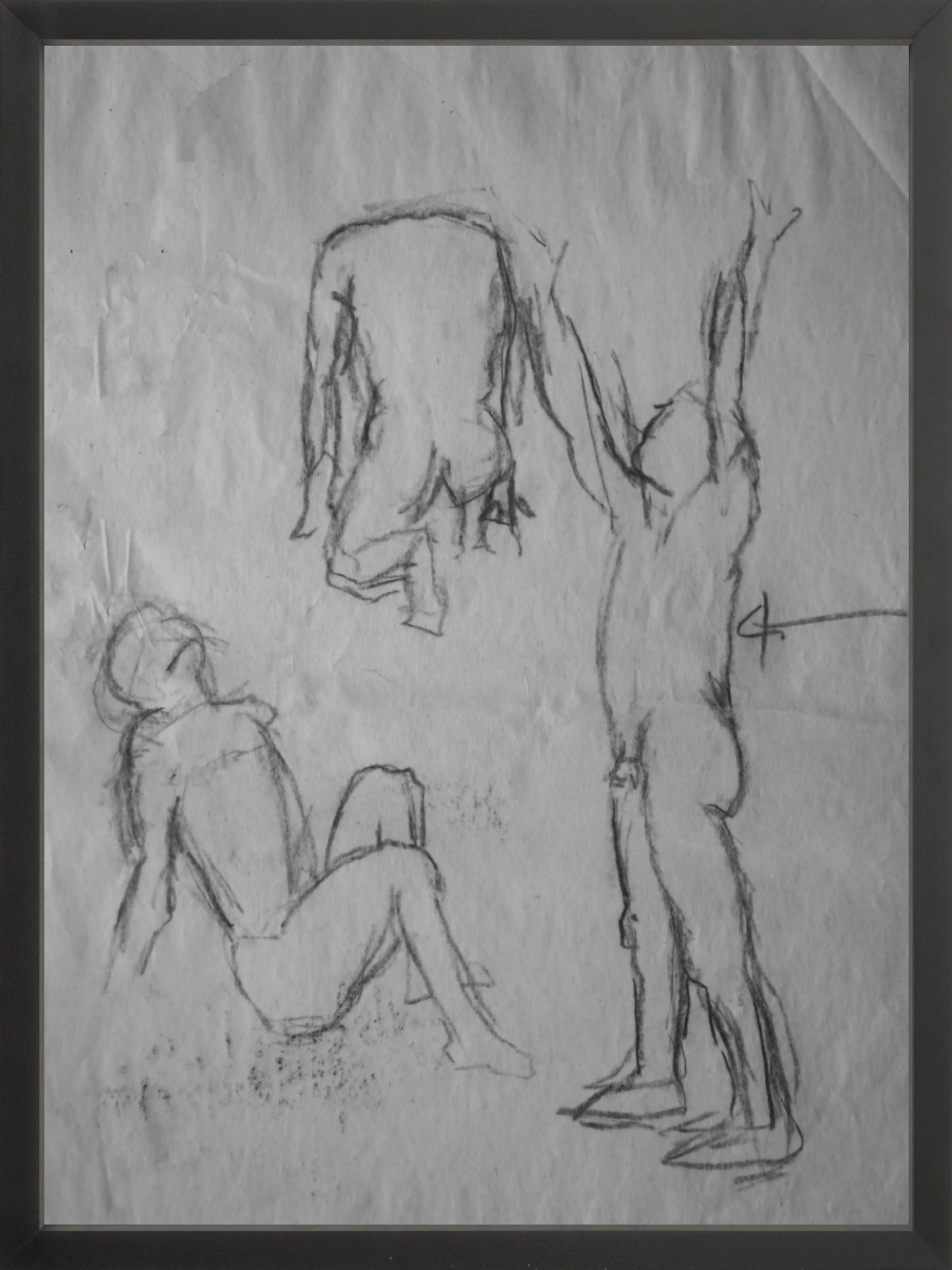 This image displays a framed art print titled "Expressions in Motion," featuring delicate sketches of a figure in various poses. The artwork captures the elegance and grace of human movement through minimalistic line drawing, emphasizing expressions and motion.