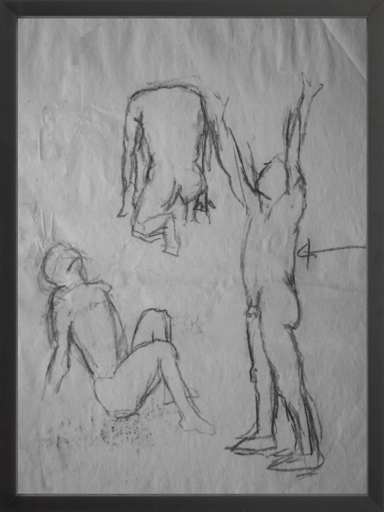 This image displays a framed art print titled "Expressions in Motion," featuring delicate sketches of a figure in various poses. The artwork captures the elegance and grace of human movement through minimalistic line drawing, emphasizing expressions and motion.