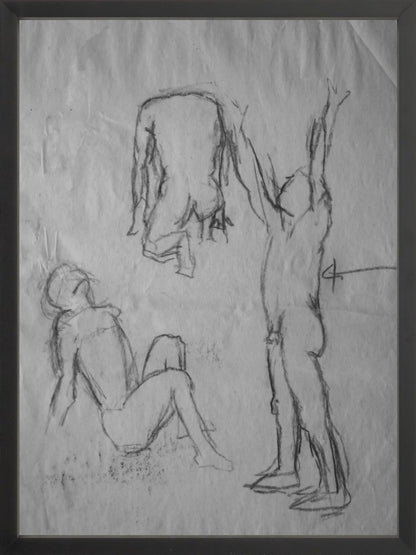 This image displays a framed art print titled "Expressions in Motion," featuring delicate sketches of a figure in various poses. The artwork captures the elegance and grace of human movement through minimalistic line drawing, emphasizing expressions and motion.